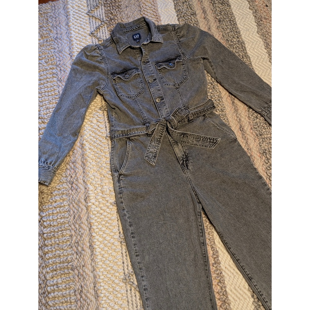 Gap Womens Denim Long Sleeve Tie Waist Jumpsuit Gray Puff Shoulder Size 6 - Picture 4 of 13